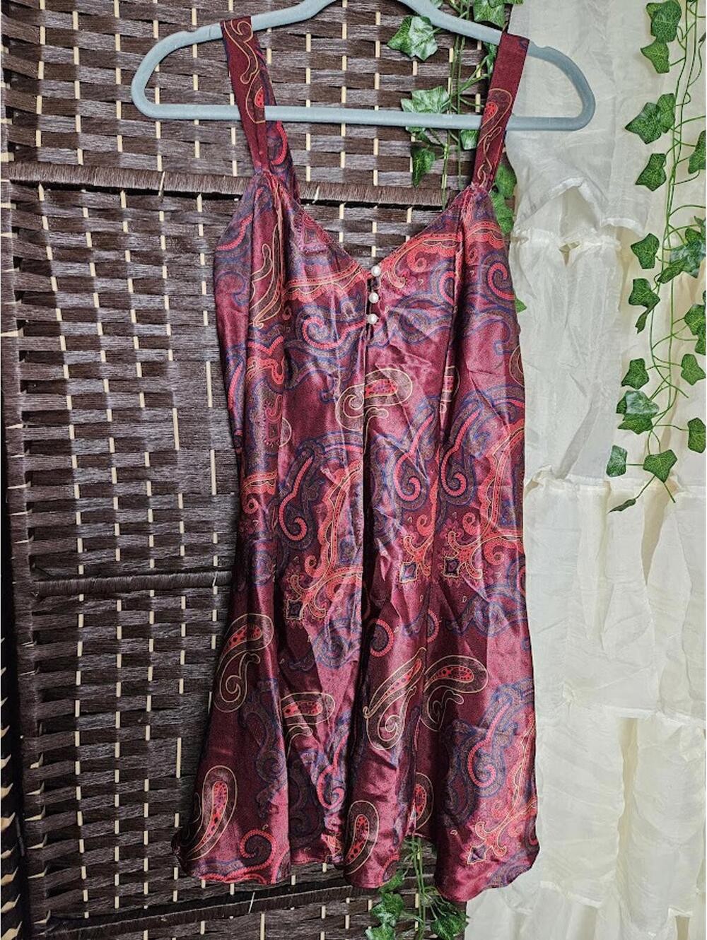 Vintage Cacique Satin Paisley Romper Burgundy Y2K Boho Slip Lounge One Piece